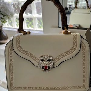 Designer inspired cream leather bag bamboo handle